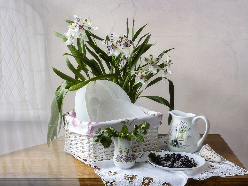 Kitchen still life with orchids