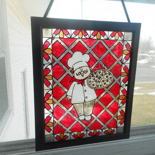 Stained glass painting. Pizza Chef.